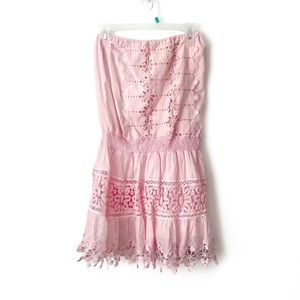 TEMPTATION POSITANO Pink Strapless Madagascar Lace Pintucked Mini Dress Sz M